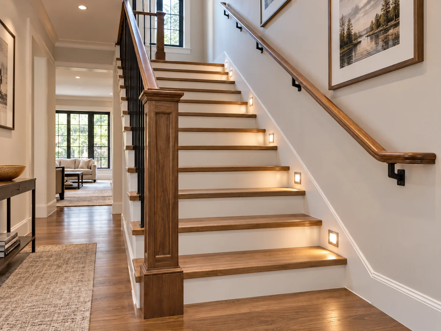 Wood staircase with continuous handrails and lighting along the steps