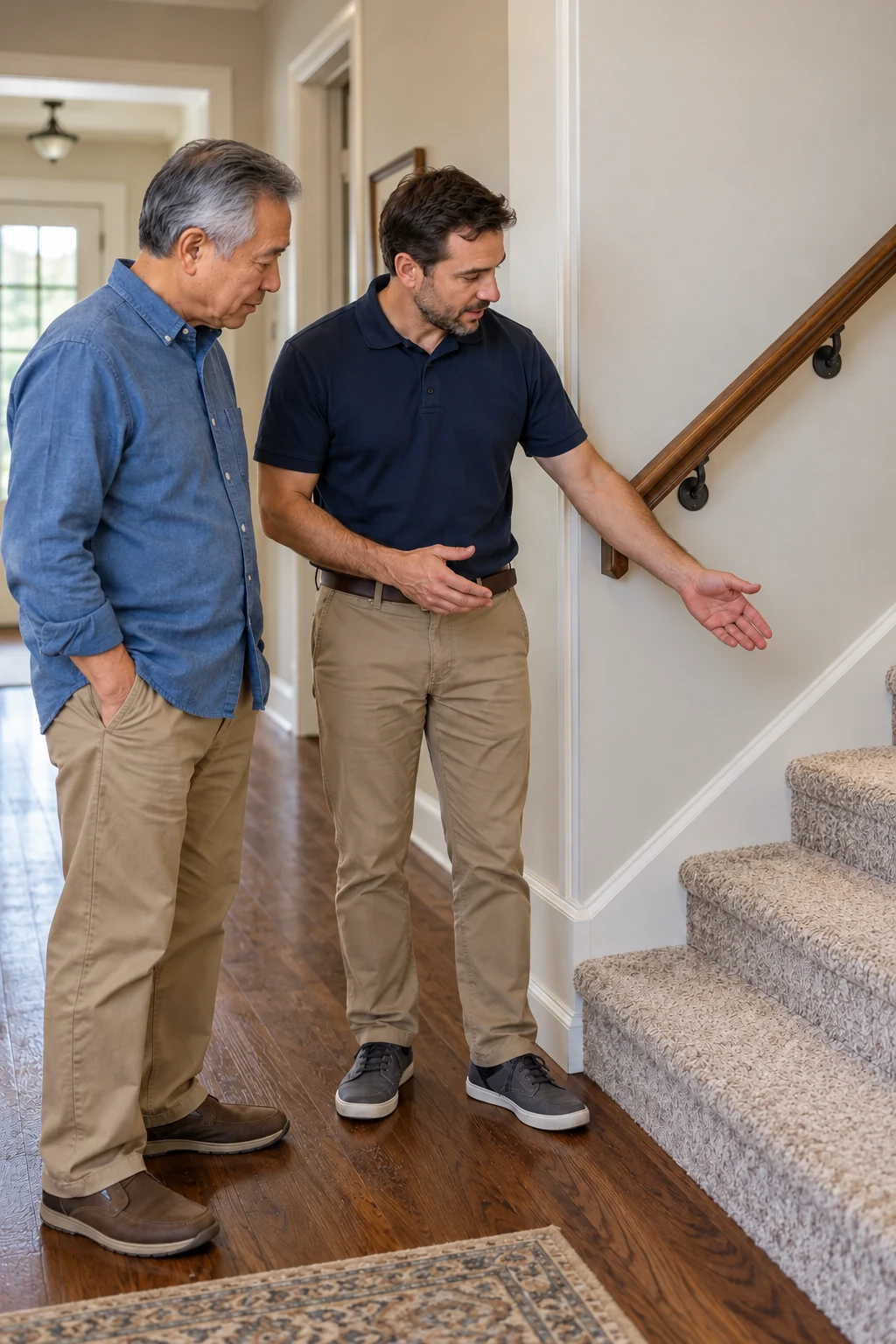 Older man and a home safety professional discussing a stair handrail