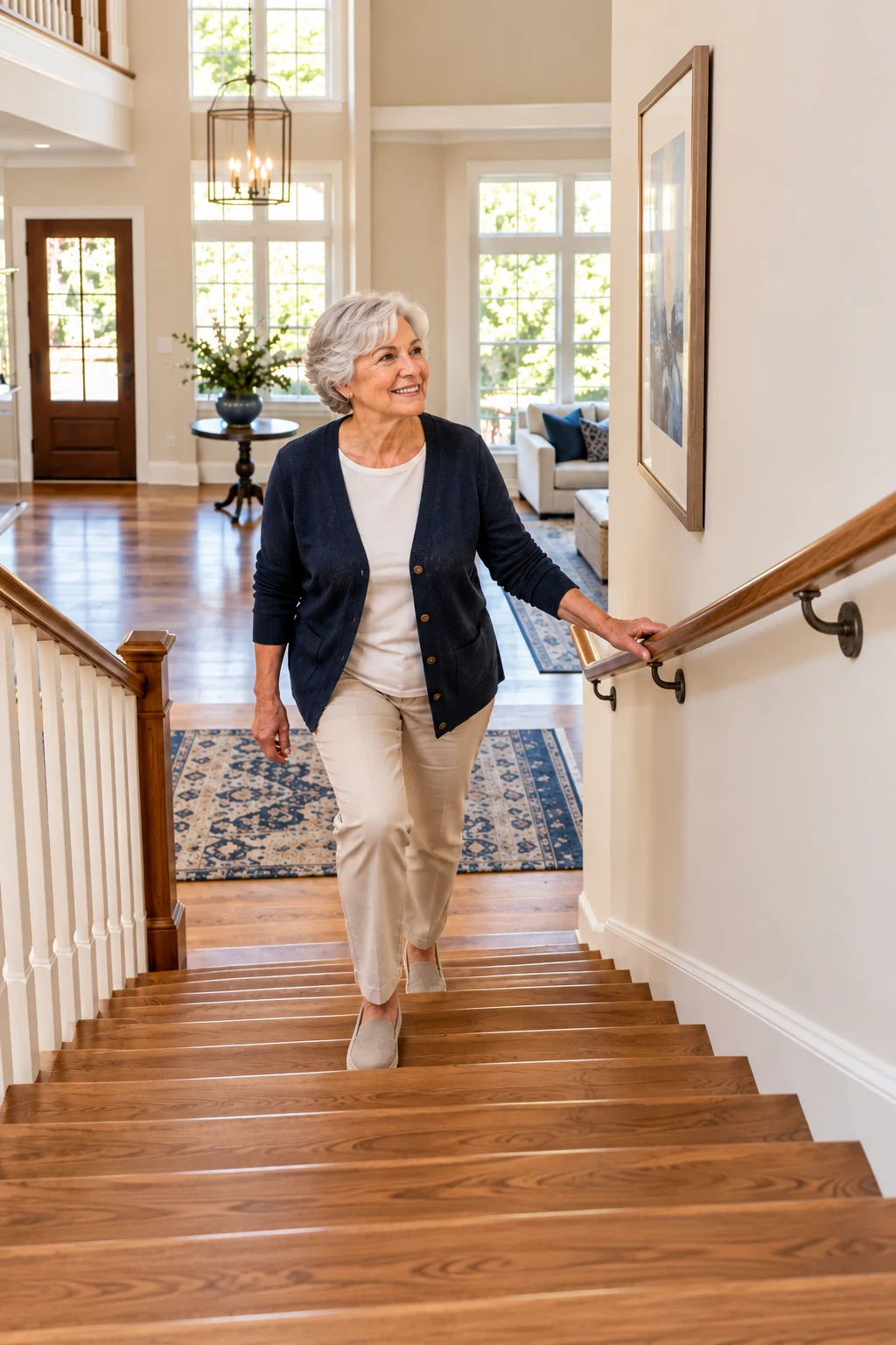 Older woman using a wall-mounted handrail while walking up the stairs