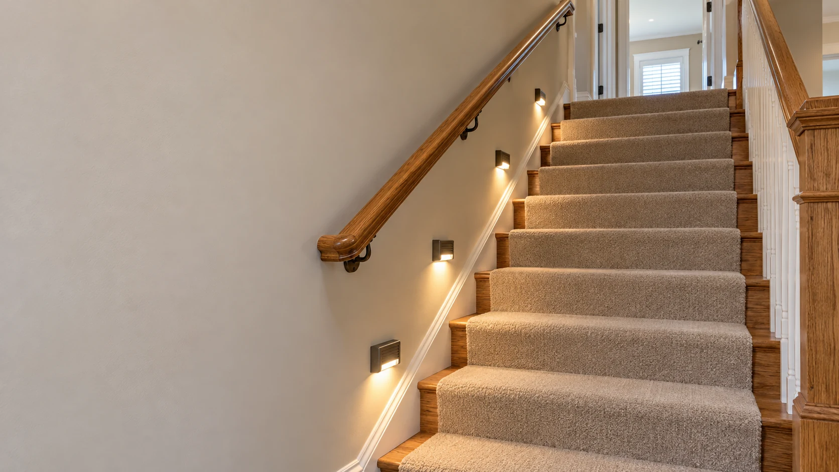 Carpeted staircase with a fixed handrail and four wireless lights shining onto the steps