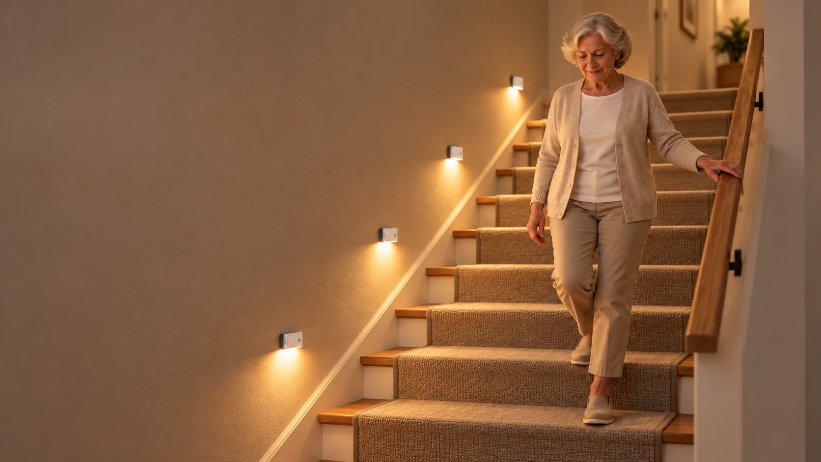 Older woman holding a handrail beside four wireless lights shining onto the steps