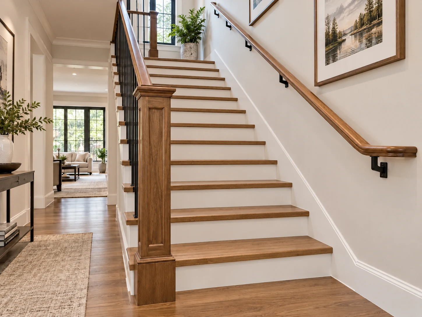 Staircase with wooden steps and a wall-mounted handrail