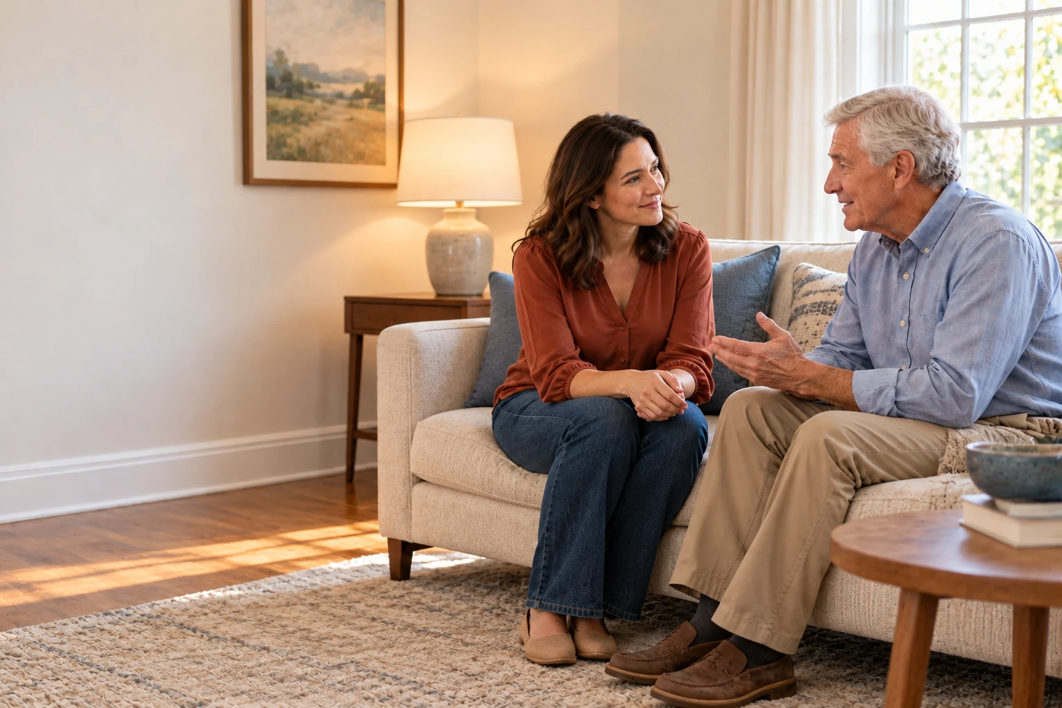 Adult daughter and senior father discussing aging in place together on a sofa