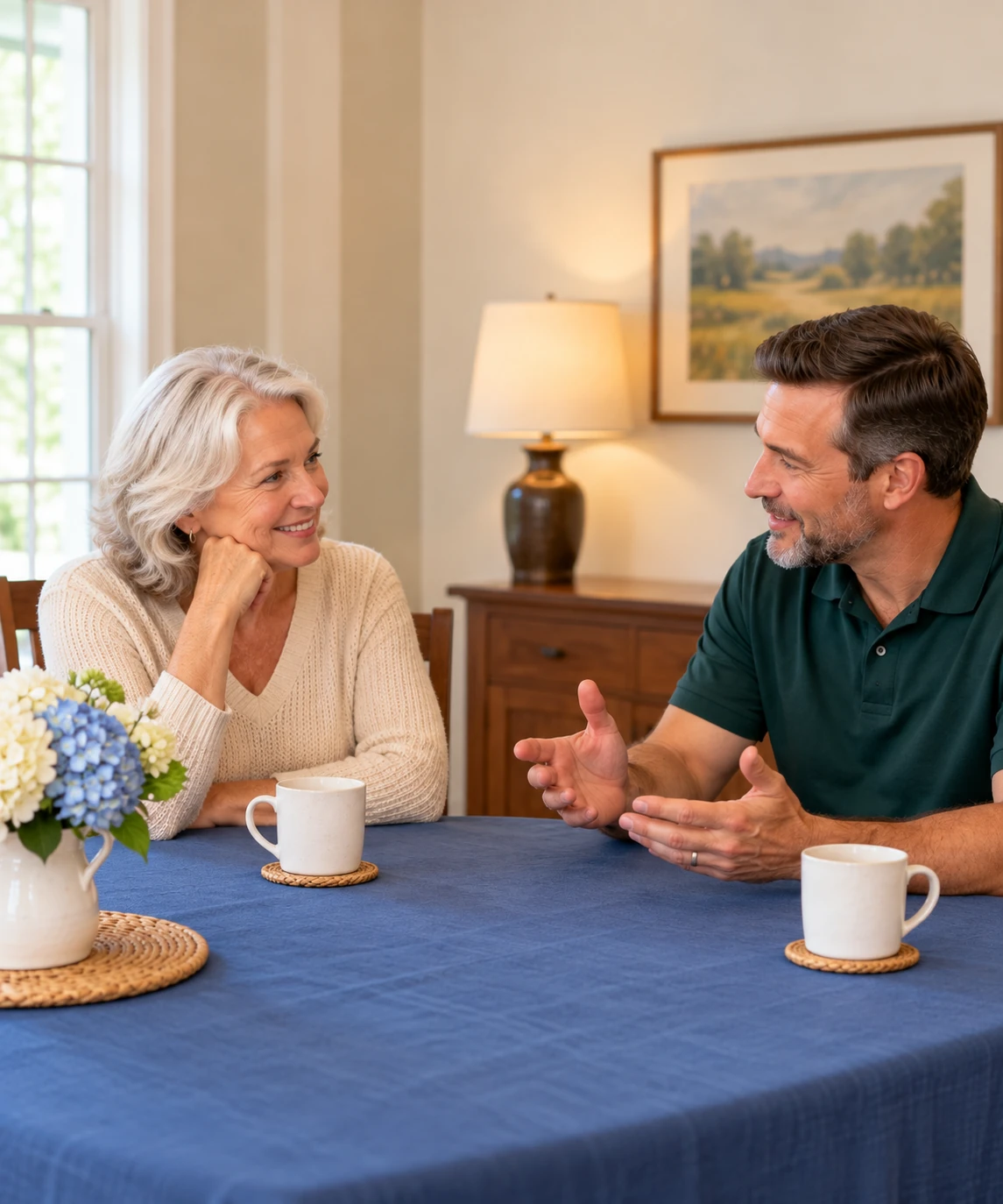 Senior homeowner and a home safety representative chatting over coffee at a dining table