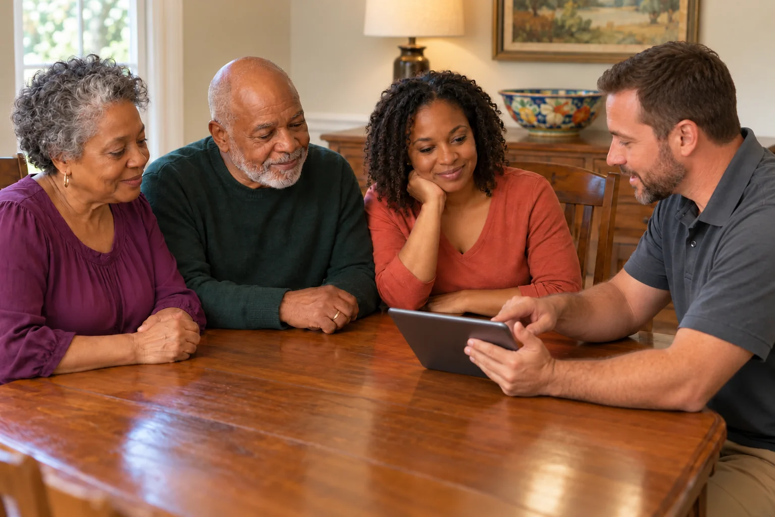 Senior couple and their adult daughter reviewing home safety options with a consultant