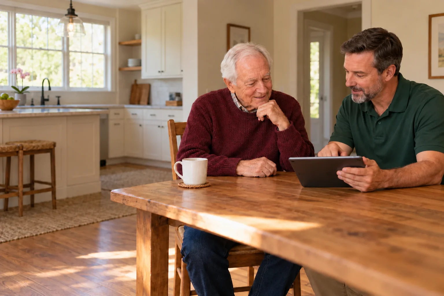 A Triangle Home Safety representative and senior homeowner reviewing a tablet during a kitchen consultation
