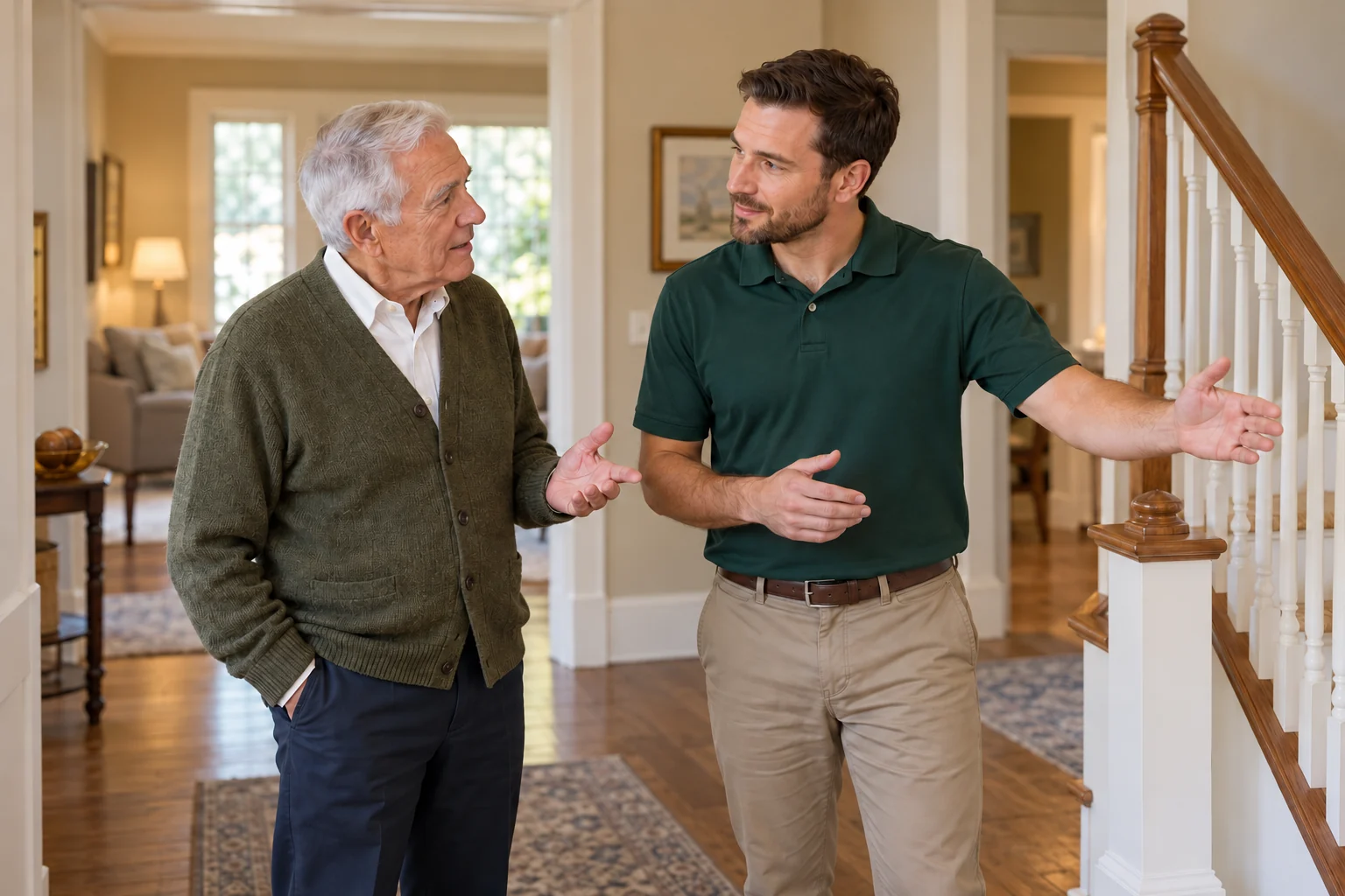 Senior homeowner and professional discussing the staircase and hallway
